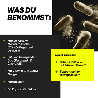 Deutschsprachige Werbung für Nahrungsergänzungsmittel mit Kapseln und einer Liste der Vorteile, darunter Gelenkunterstützung, Vitamine, Mineralien und ein Monatsvorrat mit 90 Kapseln.
