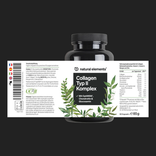 Eine schwarze Flasche mit der Aufschrift „Collagen Typ II Komplex“ von Natural Elements, mit grüner Blattgrafik und Zutatenangaben in deutscher Sprache auf weißem Hintergrund.