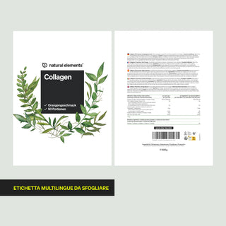 Vorder- und Rückseite einer Collagen-Ergänzung mit Produktdetails und deutscher Beschriftung, grüne Blätter sichtbar.