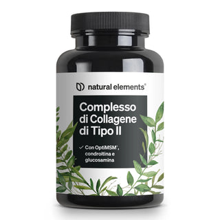 Un flaconcino nero con l'etichetta "Complesso di Collagene di Tipo II" di Natural Elements, con illustrazioni di foglie verdi e indicazioni sugli additivi OptiMSM, Condroitina e Glucosamina.
