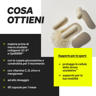 Italienischer Text mit Zutaten wie natürlichen Elementen und Vorteilen für Gelenke und Schutz vor oxidativem Stress.