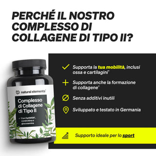 Die Flasche "Complesso di Collagene di Tipo II" hebt Vorteile wie Mobilitäts-Support und Verzicht auf Zusatzstoffe hervor.