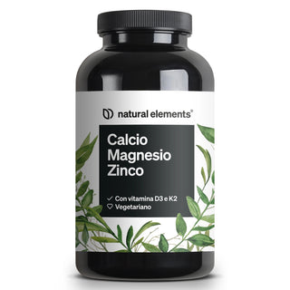 Flasche von Natural Elements mit dem Label "Calcio Magnesio Zinco", grünen Blättern und Hinweisen auf Vitamin D3, K2, vegetarisch.