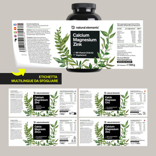 Una bottiglia di Natural Elements Integratore Alimentare di Calcio-Magnesio-Zinco con etichette multilingue che mostrano illustrazioni di foglie verdi e informazioni sugli ingredienti.