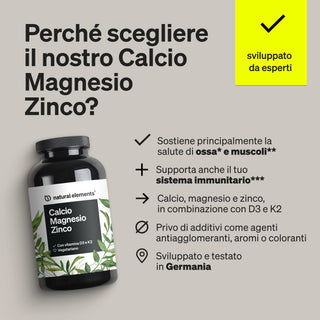 Una bottiglia dell'integratore alimentare Calcio Magnesio Zinco è mostrata accanto a un elenco dei suoi benefici per la salute e delle sue proprietà, tra cui il supporto per ossa, muscoli e sistema immunitario, oltre al fatto che è prodotto in Germania.
