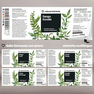 Un design di etichetta per integratore "Sango Koralle" con illustrazioni botaniche, descrizioni multilingue, e informazioni su dosaggio e valori nutrizionali in tedesco, inglese, francese e italiano.