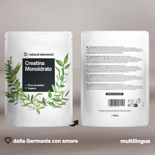 Beutel mit der Aufschrift "Creatina Monoidrato" aus natürlichen Elementen, mit Blattabbildungen und mehrsprachigen Produktangaben.