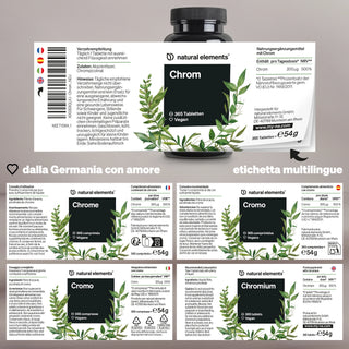 Chromtabletten aus natürlichen Elementen, Etikett mit grünem Blattdesign und mehrsprachigen Informationen.