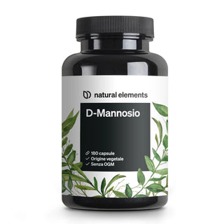 Mit der Aufschrift "natural elements D-Mannosio" und grünen Blättern, die auf 180 Kapseln pflanzlichen Ursprungs und ohne GVO hinweisen.