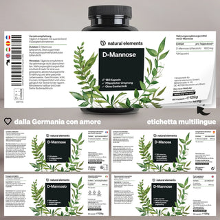 Etichetta del prodotto per Natural Elements D-Mannosio, 180 capsule, a base vegetale, con lista ingredienti, dosaggio e informazioni sull'imballaggio multilingue con illustrazioni botaniche.