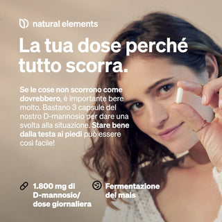 Una donna tiene una pillola in capsula bianca alla bocca. Il testo italiano promuove gli integratori di D-Mannosio per il benessere, con indicazioni sul dosaggio e sugli ingredienti.