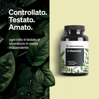Eine Flasche des Nahrungsergänzungsmittels D-Mannosio von Natural Elements mit italienischem Text über Qualitätskontrolle und unabhängige Labortests.