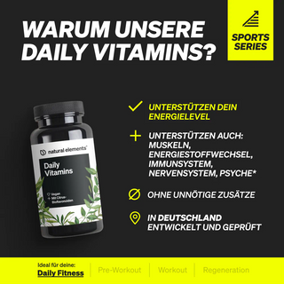 Eine Flasche Daily Vitamins von Natural Elements wird mit einem Text gezeigt, der Vorteile wie Energieunterstützung, keine unnötigen Zusatzstoffe und Entwicklung in Deutschland hervorhebt.
