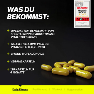 Mehrere gelbe Kapseln sind auf einer schwarzen Fläche neben einem Text angeordnet, der die Vorteile und Inhaltsstoffe eines Vitaminpräparats für Sportler auflistet.