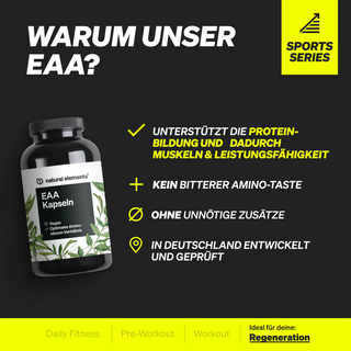 Die schwarze Flasche mit EAA-Kapseln wird mit deutschem Text abgebildet, der Vorteile wie keinen bitteren Geschmack, keine unnötigen Zusatzstoffe und die Entwicklung in Deutschland hervorhebt. Gelb-weißer Text auf schwarzem Hintergrund.