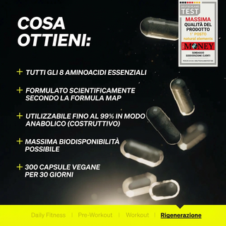 Der Text hebt die Vorteile der Ergänzung hervor: 8 essentielle Aminosäuren, wissenschaftliche Formel, hoher anaboler Nutzen, maximale Bioverfügbarkeit, 300 vegane Kapseln für 30 Tage.