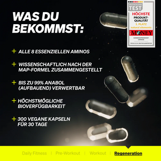 Schwarze Kapseln werden auf dunklem Hintergrund mit Text angezeigt, der die Produktvorteile hervorhebt, darunter essentielle Aminosäuren, wissenschaftliche Formulierung, hohe Bioverfügbarkeit und 300 vegane Kapseln für 30 Tage.