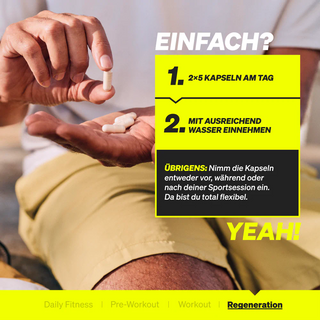 Nahaufnahme einer Person mit weißen Kapseln. Die deutsche Anleitung zur täglichen Einnahme von 2 x 5 Kapseln mit Wasser ist im Text zu lesen. Der Text betont die Flexibilität bei der Einnahme der Kapseln.