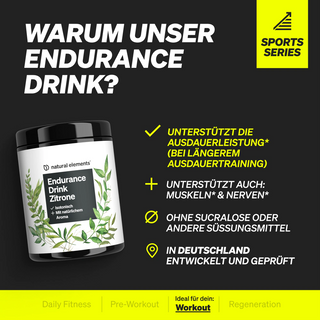 Abgebildet ist ein Behälter mit „Endurance Drink Zitrone“ mit aufgeführten Produktvorteilen, darunter die Unterstützung von Ausdauer, Muskeln, Nerven und die Tatsache, dass es in Deutschland ohne Sucralose entwickelt wurde.
