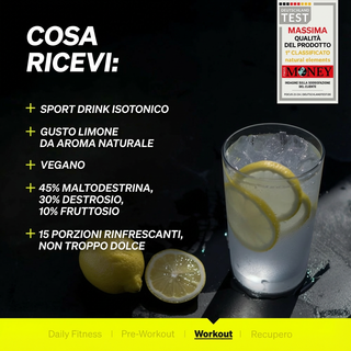 Ein Glas Zitronenwasser mit Eis und Zitronenscheiben, mit Fitness-Produkttext auf Italienisch.