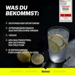 Ein Glas Zitronenwasser mit Zitronenscheiben und Eis steht auf einer dunklen Fläche. Links ist ein Informationstext über ein isotonisches Sportgetränk mit Zitronengeschmack zu sehen.