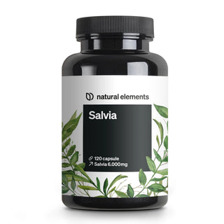 Una bottiglia nera con l'etichetta "natural elements Salvia" e foglie verdi, contenente 120 capsule di integratore alimentare Salvia 6.000 mg.