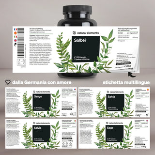 Eine Dose mit der Aufschrift "Salbei" zeigt mehrsprachige Verpackung für Salbeikapseln mit grünen Blattelementen.