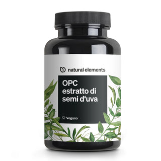 Das Etikett zeigt "natural elements OPC estratto di semi d'uva" mit grünen Blättern und einem Vegan-Symbol.