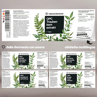 Produktetikett für natural elements OPC-Traubenkernextrakt mit eleganten botanischen Illustrationen und mehrsprachigem Text.
