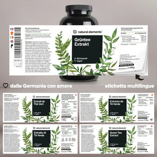 Una bottiglia di Natural Elements Green Tea Extract con etichette multilingue in tedesco, francese, italiano e inglese, decorata con foglie verdi e informazioni sul prodotto.