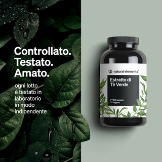 Eine Flasche Natural Elements Green Tea Extract Kapseln mit italienischem Text zu unabhängiger Laborprüfung für Qualität.