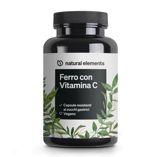 Ferro con Vitamina C" von Natural Elements, mit grünem Blattmuster und Text, der darauf hinweist, dass es vegan und resistent gegen Magensäfte ist.