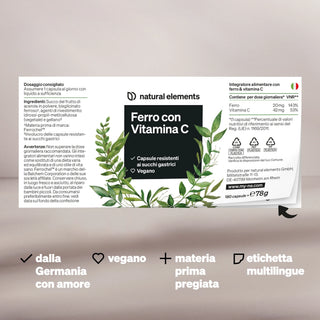 Etichetta per un integratore alimentare "Ferro con Vitamina C" di Natural Elements con dettagli del prodotto, ingredienti, avvertenze e simboli per l'origine, vegano e l'etichettatura multilingue.