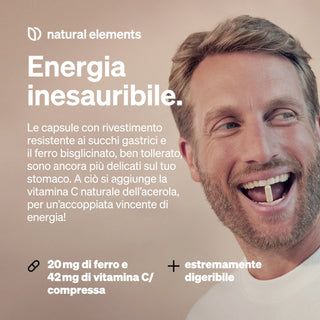 Un uomo sorridente con la barba tiene una capsula di integratore alimentare tra i denti; il testo italiano descrive il contenuto di ferro e vitamina C, oltre alla digeribilità del prodotto.