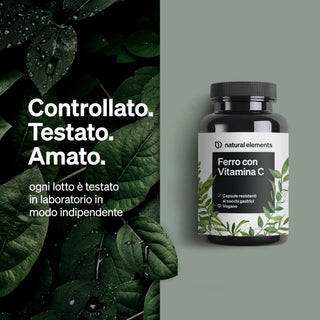 Natural Elements Ferro con Vitamina C Kapseln mit italienischem Text über unabhängige Labortests.