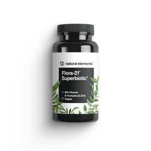 Una bottiglia nera con l'etichetta „Flora-21® Superbiotic“ di NATURAL ELEMENTS con motivo a foglia verde. Contiene Vitamina B-Complesso e Zinco. Adatto ai vegani.