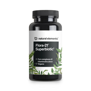 Etikett "Flora-21 Superbiotic" von Natural Elements, mit Pflanzenzeichnungen und Hervorhebung veganer B-Vitamine und Zink-Komplex.