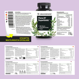 Mehrsprachiges Faltetikett auf Flora-21 Superbiotic Ergänzungsmitteln mit Inhaltsstoffen und Produktinformationen in mehreren Sprachen.
