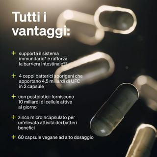 Italienischer Text nennt gesundheitsfördernde Vorteile und natürliche Aspekte eines Nahrungsergänzungsmittels.