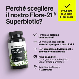 Text neben einer Flora-21 Superbiotic-Packung weist auf Immunschutz, fortschrittliche Formel, ohne Zusätze und deutsche Entwicklung hin.