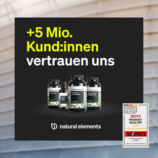 Schwarz-graue Anzeige für Nahrungsergänzungsmittel von natural elements mit vier Produkten, "+5 Mio. Kunden:innen vertrauen uns" und "Beste Produktqualität"-Badge.