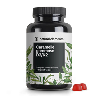 Una bottiglia nera con l'etichetta "Caramelle gommose D3/K2" di Natural Elements, accanto a due integratori gommose rossi.