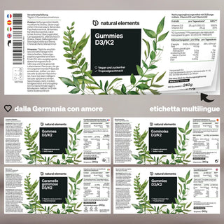 Etichetta del prodotto per "Natural Elements Gummies D3/K2" con foglie verdi, informazioni nutrizionali, simboli e istruzioni multilingue in italiano, spagnolo, francese e inglese.