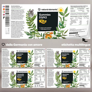 Un'etichetta del prodotto per Natural Elements Kids Gummies D3/K2 in più lingue con illustrazioni di piante e animali, istruzioni di dosaggio e informazioni nutrizionali.
