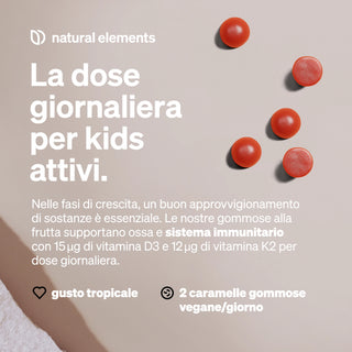 Der Text in italienischer Sprache beschreibt das tägliche Vitamin D3 und K2 für Kinder und hebt die natürlichen Inhaltsstoffe hervor.