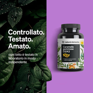 Der italienische Text betont die natürlichen Elemente und die Produktqualität der Natural Elements Kids D3/K2-Gummivitamine.