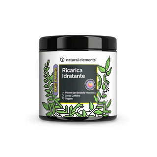 Veganes, koffeinfreies Vitamin-Getränkepulver von Natural Elements mit grüner Pixelblattgrafik auf dem Etikett.