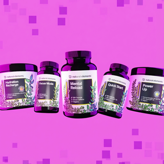 Fünf Ergänzungsflaschen mit den Bezeichnungen Hydration Recharge, Focus Mode, Mental Reload, Quick Start und Power Up.
