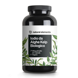 Etikett "Iodio da Alghe Kelp Biologico" mit grünen Blättern, 150 µg Jod pro Kapsel. Geeignet für Veganer.