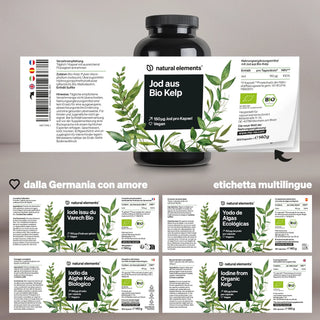 Una bottiglia dell'integratore alimentare "Jod aus Bio Kelp" con un'etichetta multilingue con foglie verdi e informazioni sul prodotto in tedesco, italiano, spagnolo e inglese.